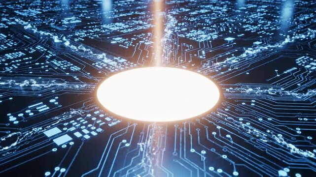Glowing microchip central processing unit on blue circuit board.