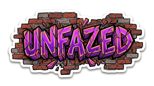 Purple graffiti word UNFAZED breaking through a distressed red brick wall, showcasing a bold and resilient urban art style.