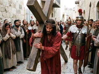 Obraz premium Jesus Christ carrying the wooden cross through Jerusalem streets surrounded by Roman soldiers and mourning people. Biblical scene of the Passion of Christ during Easter religious tradition.