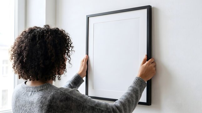 Woman with Curly Hair Hanging a Blank White Picture Frame on a Minimalist Interior Wall