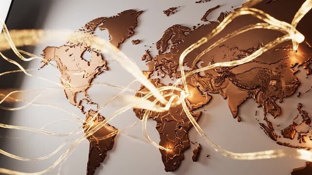 3D copper world map on wall with glowing digital connection lines symbolizing global networking