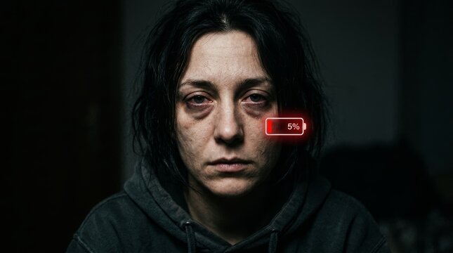 Tired woman with low battery icon concept. Exhausted girl showing signs of burnout, sleep deprivation and stress. Mental health crisis. Concept of emotional energy depletion and fatigue.