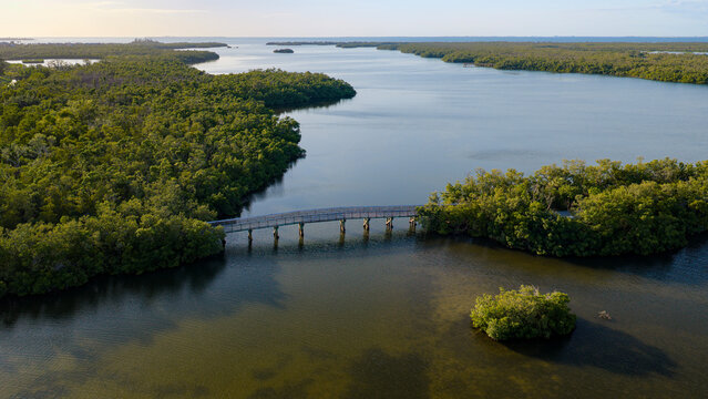 Golden hour aerial view of a scenic wooden footbridge crossing Perico Bayou at Robinson Preserve in Bradenton, FL. Tranquil waters and vibrant wetlands create a stunning coastal sunset.