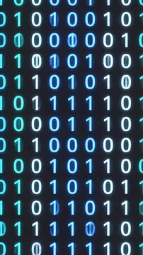 Vertical binary code stream loop with neon teal digital data flow