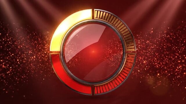 Glowing red button in metallic ring with bokeh background