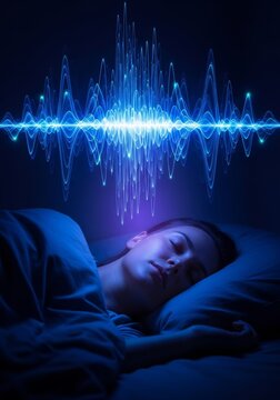 Woman sleeping in bed under glowing blue sound wave visualization. Concept of sleep tracking, brain activity analysis, healthy rest monitoring and innovative healthcare technology.