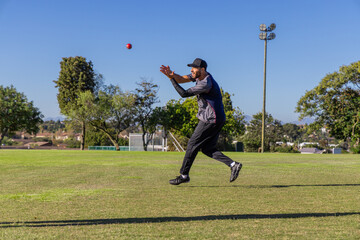 Red cricket ball hovering above green sports field during sunny practice near floodlight mast © wavebreak3