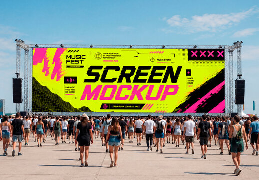 Large outdoor festival screen mockup with crowd