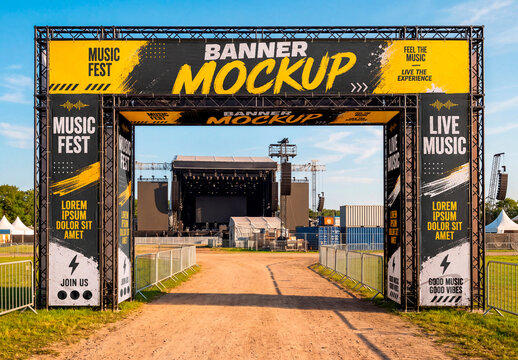 Large festival entrance banner mockup with stage view