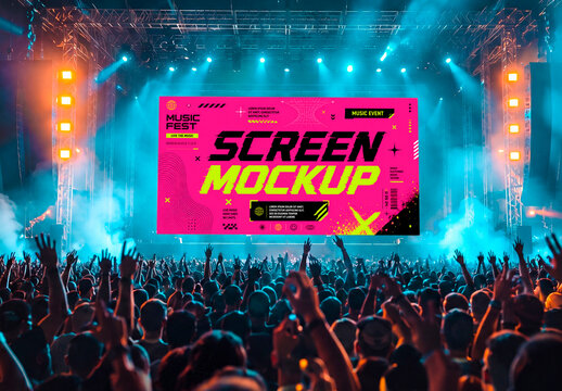Concert stage screen mockup with cheering audience