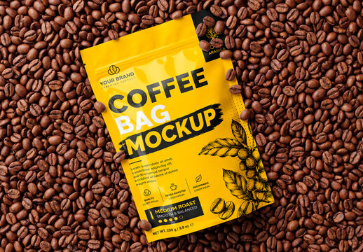 Coffee pouch mockup on roasted coffee beans