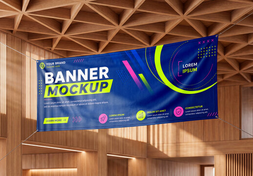 Hanging fabric banner mockup in modern interior