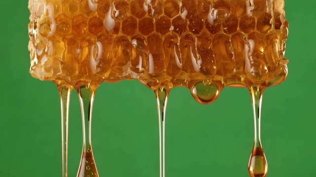 Golden honey cascading from a honeycomb, thick glossy droplets slowly dripping, rich amber glow, natural sweetness concept, 4K video