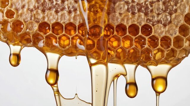 Golden honey cascading from a honeycomb, thick glossy droplets slowly dripping, rich amber glow, natural sweetness concept, 4K video
