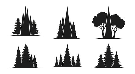Fototapeta premium Set of winter vector illustration of a forest with green Christmas trees and pine wood silhouettes in a snow landscape design