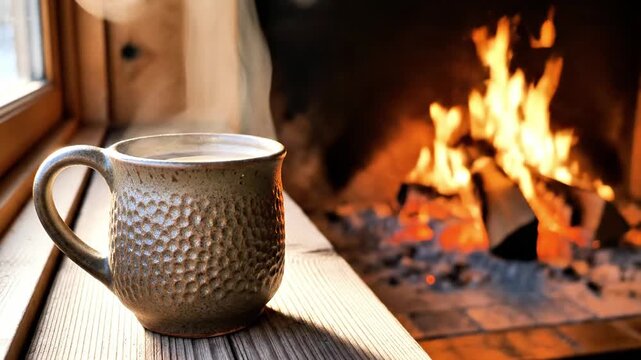 A hammered metal mug sits on a wooden surface beside a warm fireplace