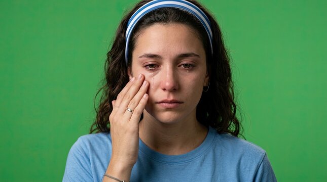 Melancholic Woman Wiping Away Tears with a Blue Headband and T-Shirt