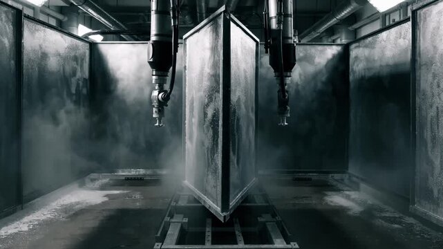 Automated guns evenly apply a matte finish to metal panels inside a controlled spray booth highlighting the smooth nonreflective surface texture and precise coating process.