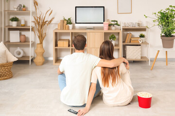 Young couple watching TV at home, back view © Pixel-Shot