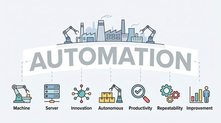 Naklejka premium Modern automation concept with robotic arms factory and industrial icons representing machine server innovation autonomous productivity repeatability and improvement symbolizing industrial progress