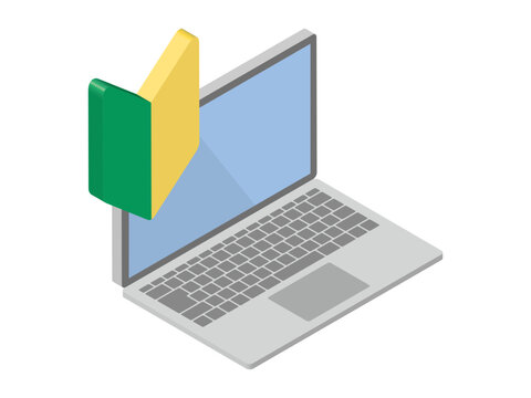 3D Isometric Laptop Computer with Beginner Mark Vector Illustration: Minimalist Shoshinsha Badge and Notebook PC Icon for IT Education, Tutorial, and Tech Support Isolated