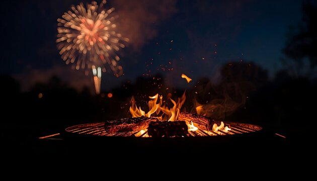 Night Barbecue Fire Pit with Fireworks Celebration in Background