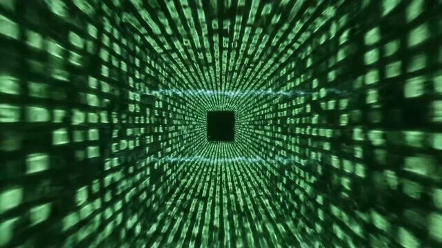 Green digital data stream code background with motion blur.