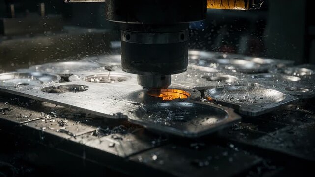 Closeup medium shot capturing heavygauge metal undergoing intense stamping to create sturdy flatware bowls and shapes in an industrial setting.