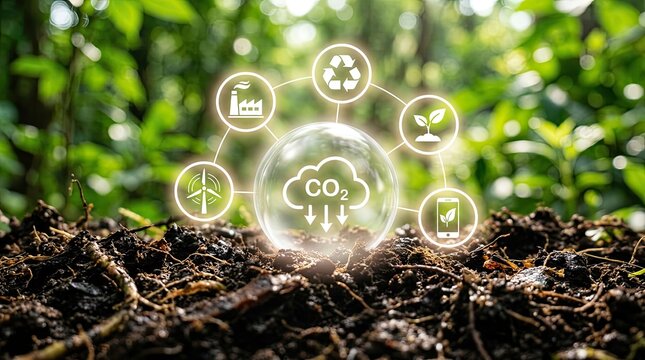 Sustainable future concept with co2 reduction renewable energy recycling and growth icons interconnected in a bubble over rich soil and blurred green forest background symbolizing eco friendly