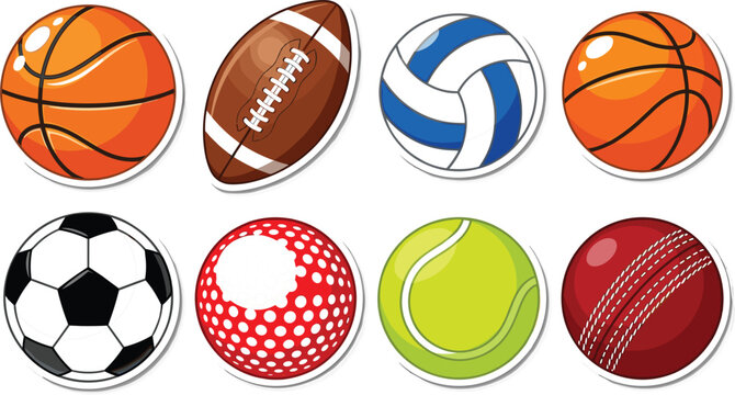 Various sports game balls sticker pack collection including soccer basketball rugby tennis and cricket ball vector