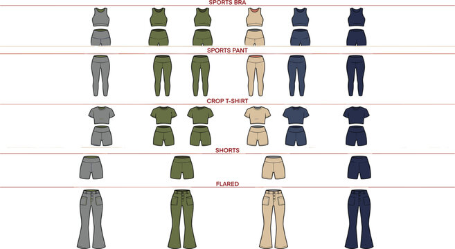 Women activewear collection vector set including sports bra pants crop tshirts shorts and flared trousers mockup