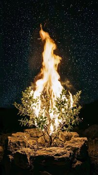 Burning bush engulfed in flames under a starry night sky. Biblical scene from exodus representing divine revelation. Miracle of fire in desert wilderness area. Vertical video