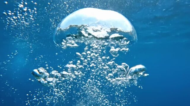 Slow motion bubbles rising in deep blue water from various angles and depths