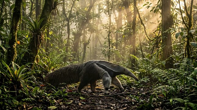A giant anteater walking through the lush green rainforest during a beautiful sunrise.