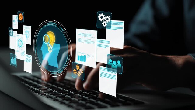 Hands typing on a keyboard with futuristic digital interface displaying data, icons, and abstract visuals representing technology and innovation. Entropy.