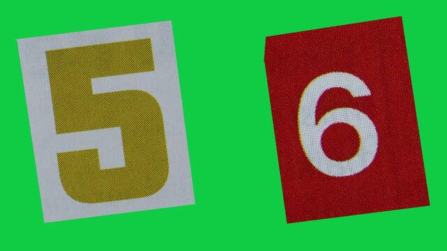 Stop Motion graphic number 5 6 magazine paper cut collage, ransom note style text, additional video elements on green screen