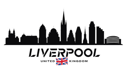 Obraz premium Vector illustration of Liverpool skyline in black silhouette, with “LIVERPOOL” text, on white background, modern city identity and tourism design