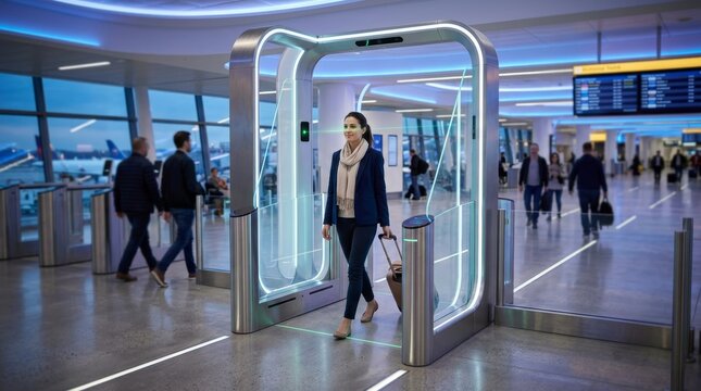 Woman walking through biometric security scanner at airport. Passenger undergoing facial recognition check for flight boarding. Modern travel technology, identity verification concept.