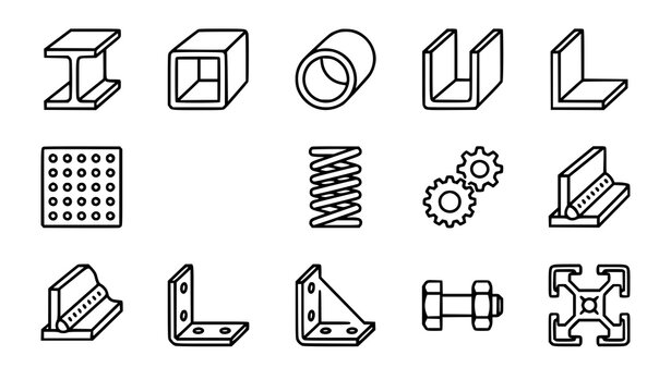 Minimal Industrial Metal Profile and Hardware Outline Icon Pack with Structural Steel and Manufacturing Symbols Vector Illustration