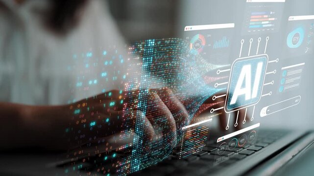 Hands on a Laptop with Digital Interface Displaying Artificial Intelligence Data and Analytics Metrics for Technology and Innovation Concept Sigmoid
