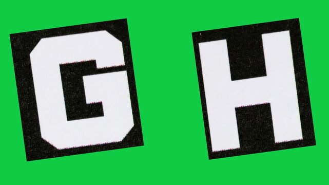 Stop Motion graphic Alphabet letter G H magazine paper cut collage, ransom note style text, additional video elements on green screen