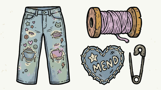 Hand drawn doodle illustration of jeans with sewing tools and a heart patch.