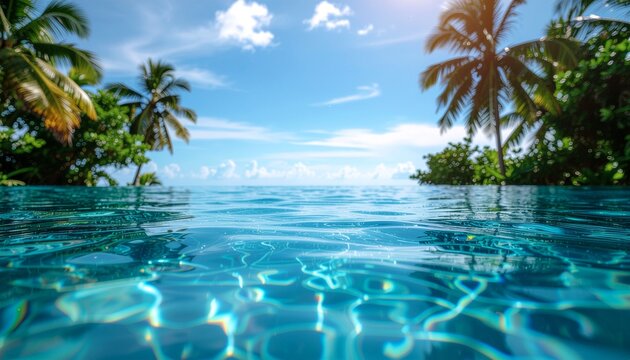 Luxury resort infinity pool background with tropical beach and palm trees, summer vacation concept