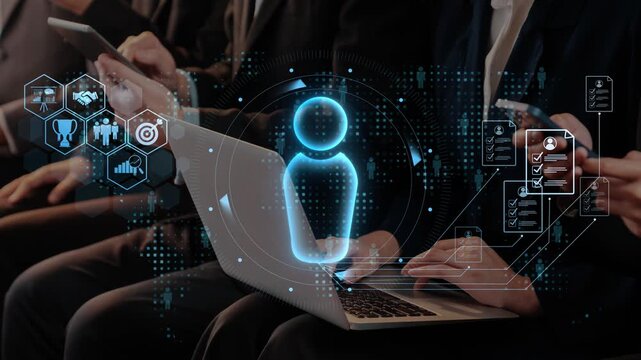 A dynamic modern business meeting showcases individuals engaged with laptops and mobile devices, emphasizing digital transformation and interaction in a collaborative environment. Raster