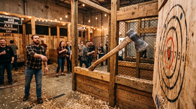 Man Throwing Axe at Wooden Target in Mid-Air at Indoor Recreation Venue