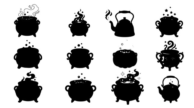 Different Halloween witches pots collection vector illustration spooky cauldron set isolated on white background