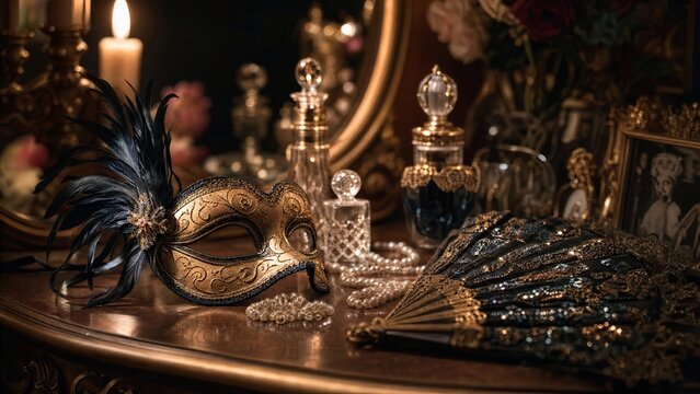 finery. Feathered mask and sequined fan on vanity table, soft candlelight. event programs, museum guides, designed for cultural heritage projects and event programs, elevates cultural identity.