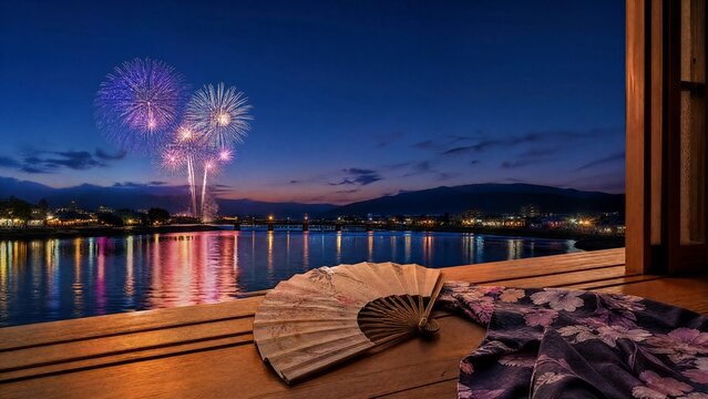 yukata. Folded fan and yukata sleeve on doorstep with fireworks over Sumida River, Tokyo summer celebration. event programs, museum guides, designed for cultural heritage projects and event programs.