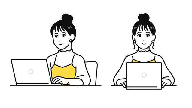 pcを操作するまとめ髪の若い女性の正面と斜め前のアングルセット素材