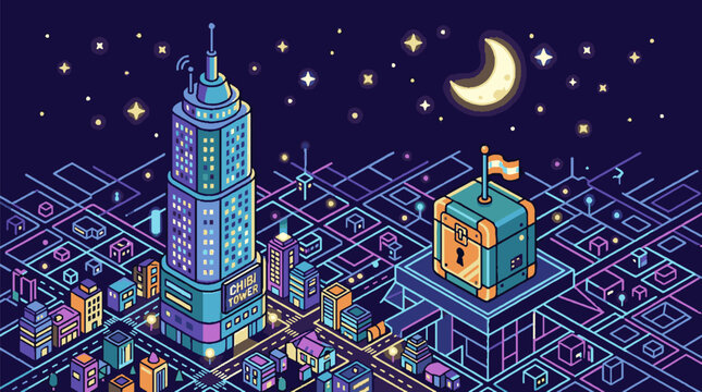 Isometric pixel art city skyline with skyscraper and treasure chest.